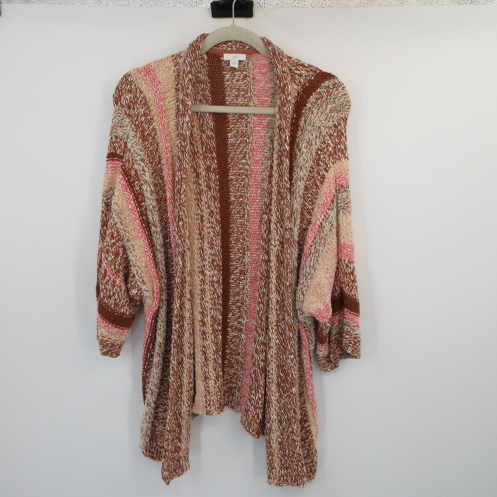 J. Jill Womens Large Open Front Striped Cardigan Pink Terracotta Marled Knit L